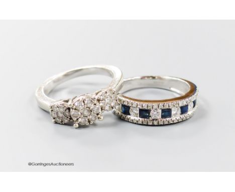   A modern 9ct white gold and triple diamond cluster set dress ring, size I/J and a similar sapphire and diamond set half hoo