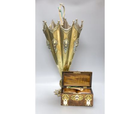   A Victorian brass mounted walnut tea caddy and a brass novelty stick stand, height 65cm