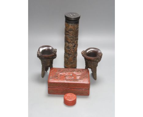   A Chinese carved wood perfume holder, two horn tripod vessels, a cinnabar lacquer box and cover and another box and cover, 