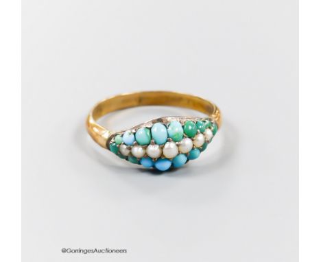   A yellow metal and graduated turquoise and seed pearl set three row half hoop ring, size R, gross 1.7 grams.