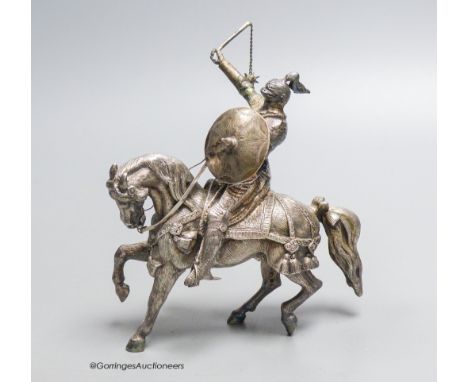   A modern free standing cast silver model of a Knight on horseback, SMD Castings,  London, 1972, height 16cm, 39.5oz.