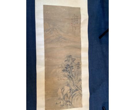   A Chinese scroll painting on paper of a river landscape scene, Qing dynastyImage 100 cm X 36 cm 