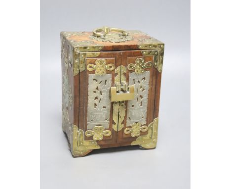   A Chinese chest with carved jade panels and brass mounting, 18 x 14cm