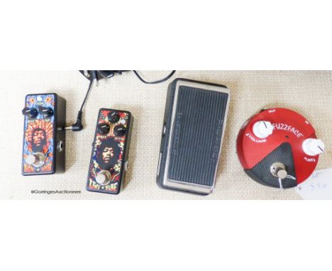   A Dunlop JMW3 Univibe Chorus Vibrato pedal, JHW261 Psych series fuzz pedal, Dunlop Cry Baby Mini, Hendrix fuzz face