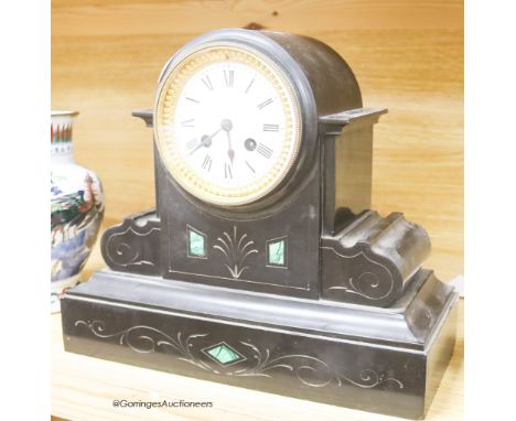   A Victorian malachite inlaid mantel clock, height 28cm