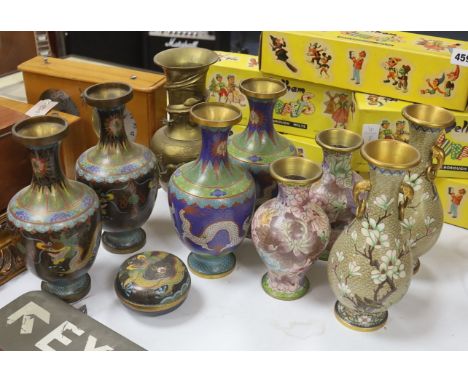   A collection of cloisonne vases, a pot and a bronze vase, early to late 20th century