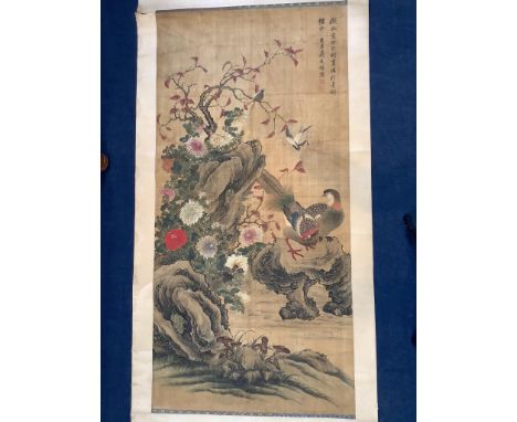   A Chinese scroll painting of birds amid rockwork and chrysanthemums, 19th/20th centuryImage 165 cm X 81.5 cm 