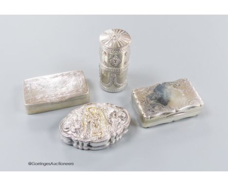   An early 20th century French white metal cylindrical box and cover, 72mm and three other continental white metal snuff boxe