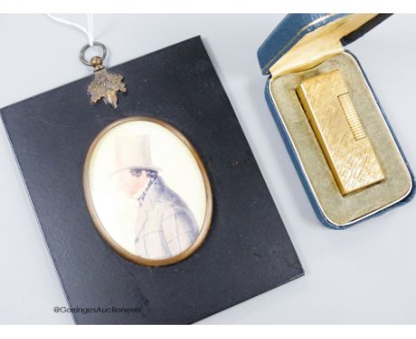   A 19th century watercolour of a gentleman in a top hat and boxed Dunhill lighter