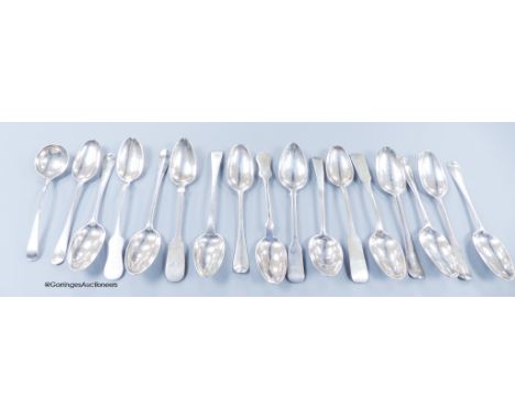   Ten assorted 18th century silver tablespoons and a similar sauce ladle, various pattern, dates and makers and six 19th cent