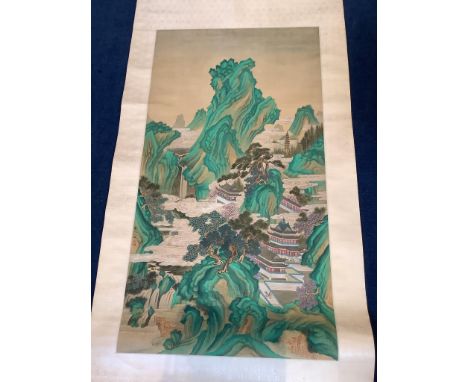   A Chinese scroll painting on silk of pavilions amid rocks and trees, 20th century,Image 91.5 cm X 50 cm 