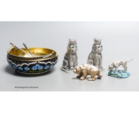   A group of Russian style metalware and a silver and enamel basket