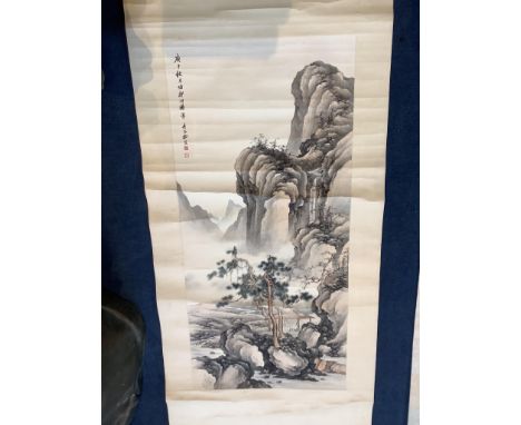   A Chinese scroll painting of a scholar seated in a mountainous river landscape, 20th centuryImage 94 cm X 45 cm 