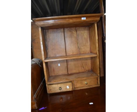 A modern stained pine composite wall shelf with drawers, w 60cm