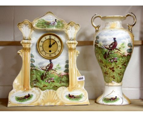 A large Victorian ceramic clock and vase, H. 41cm.