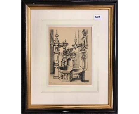 Nine framed architectural engravings, largest 45 x 60cm.