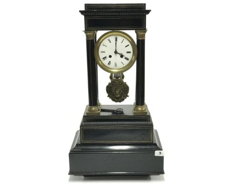 A 19th century brass inlaid ebonised portico clock with purpose made wall bracket, H. 58cm overall.