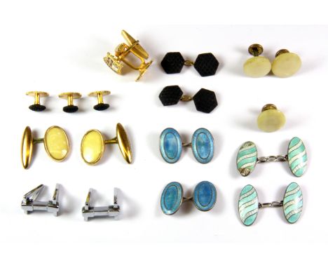 Two pairs of silver and enamelled vintage cufflinks with further vintage cuff links and collar studs.