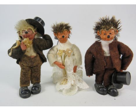 Three Vintage Steiff Peter Mecki hedgehog figures 3.5" tall.