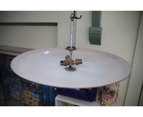 Three light Ceiling uplighter with large flat glass shade, Drop of 10 inches, Diameter of 22 inches. See photos.