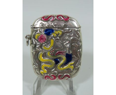 Sterling Silver vesta with Art Nouveau style repousse decoration picked out in coloured enamel.   Measures approx 55 x 44mm. 