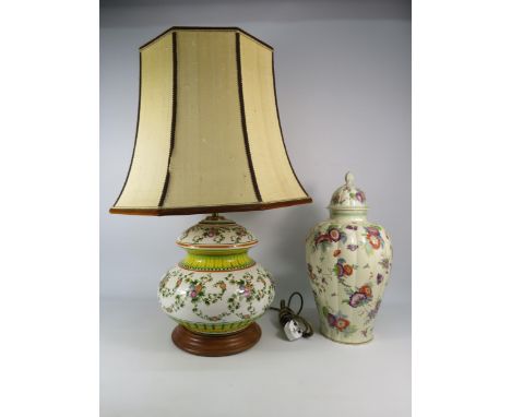 Large Faience style table lamp with shade plus a large German lidded jar (repair to finial). The lamp measures 29" to top of 