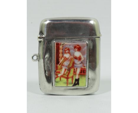 Very pretty Sterling Silver Vesta with Enamel Cabouchon showing scantily clad ladies. Some wear to the front. Measures approx
