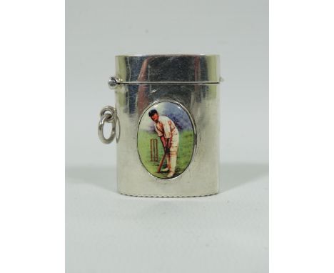 Very pretty Sterling Silver Vesta with Enamel Cabouchon showing a Cricketer. Measures approx 38mm ,   22.8g