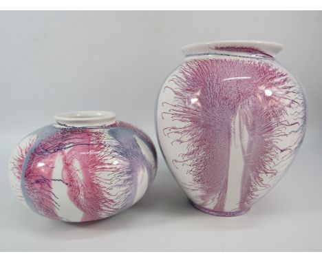 Two West German 70s ceramic vases with blown paint decoration, the tallest stands 8".