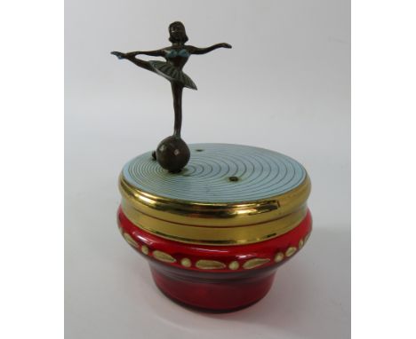 Vintage Czechoslovakian Musical Rouge pot with cold painted Bronze Ballerina dancer to the lid. Non Runner
