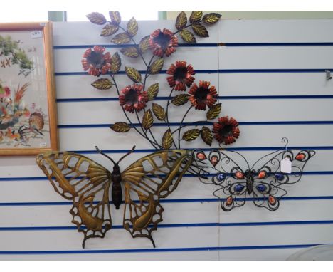 Enamel painted metal wall art as Butterflies and Flowers. See photos