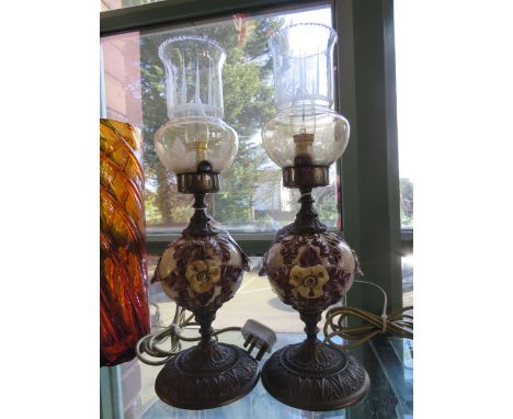 Pair of Faux Antique table lamps with ceramic bodies and glass shades each wired and measures approx 17 inches tall. See phot