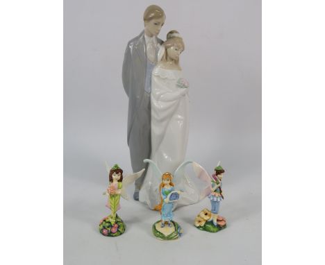 Nao figurine of a wedding couple plus three Royal Doulton miniature fairies figurines.
