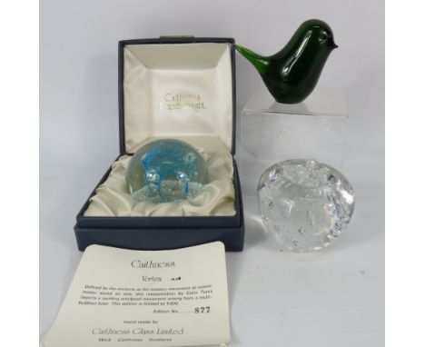 Caithness limited edition Vortex paperweight plus a wedgwood bird and Cumbrian crystal apple.