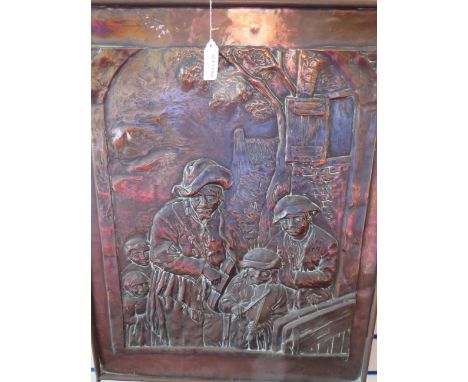 Decorative Copper wallhanging of Victorian Street Musicians which measures approx  27 x 22 inches plus a tapestry picture of 