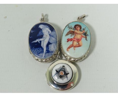 Three 925 Silver Lockets with Enamel Cabouchons, Largest measures 35mm long.  See photos.