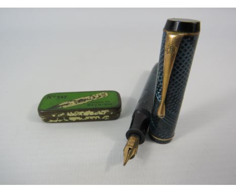 1930s De La Rue No 1332 fountain pen with 14k gold nib plus a vintage tin of pen nibs. 