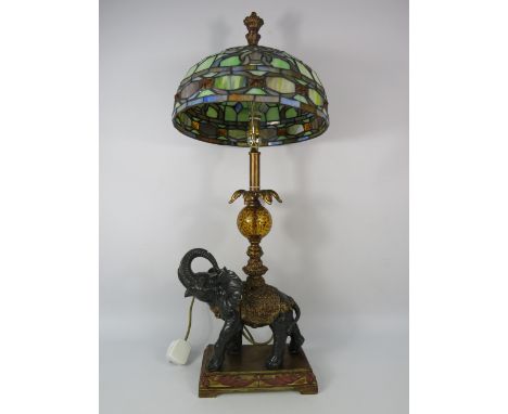 Tiffany style table lamp with figural elephant base, 30" tall , shade diameter 12".