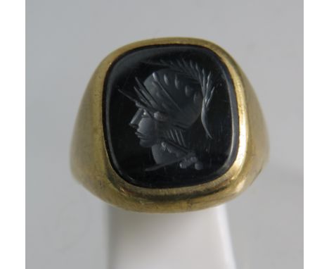 9ct gold Hematite intaglio centurion signet ring, finger size "T.5". 9.2 grams