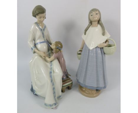Lladro figurine " Great expectations" model no 5650  plus a Nao figurine of a girl with pig tails carrying baskets. The talle