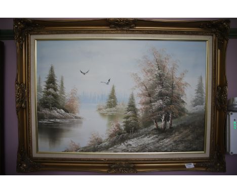 Oil on Canvas in Gilt frame of River and forest scene.  Frame size 26 x 36 inches see photo No postage available for this ite