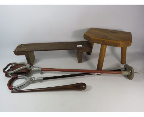 Mixed lot to include shooting sticks, a stool, art deco shelf etc.