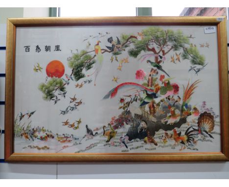 Lovely Oriental Silk Picture framed under glass with the Chinese Characters for 'Hundred Birds Facing the Phoenix'   Symbolis