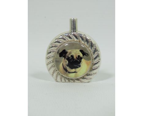 Small Sterling Silver Scent bottle with an circular enamel cabouchon of a Pug Dog.  Measures approx 44mm tall.  18.8g.  See p
