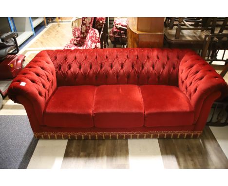 Three Seater Crimson Velour three seat chesterfield type sofa in very good condition. Measures approx  H:27 x W:74 x D:33 inc