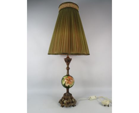Moorcroft Table lamp, Walter Moorcoft design with Hibiscus pattern cenral ball, total height including shade 32".