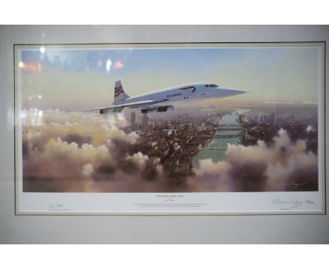 Framed and mounted under glass, Ltd Ed Print 'Concorde Comes Home' by Adrian Rigby, 102/500, Signed by Pilot and Artist.  Mea