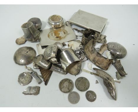 Selection of Scrap Silver to include Coins, walking stick components etc.  Estimated Silver Weight approx 80g