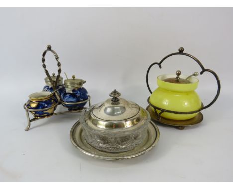 Vintage Uranium glass preserve pot, ceramic cruet set and glass butter dish with silver plated tray.