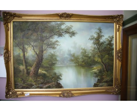 Oil on Canvas in Gilt frame of River and forest scene.  Frame size 29 x 41 inches see photo No postage available for this ite